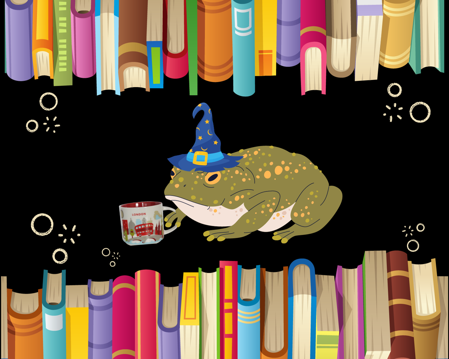Picture of a toad wearing a wizard hat, drinking tea, surrounded by books.