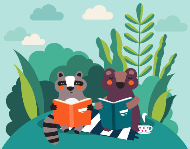 A racoon and squirrel sitting in the grass reading.