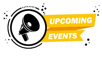 A megaphone in black and white projects the words "Upcoming Events" in yellow banners.