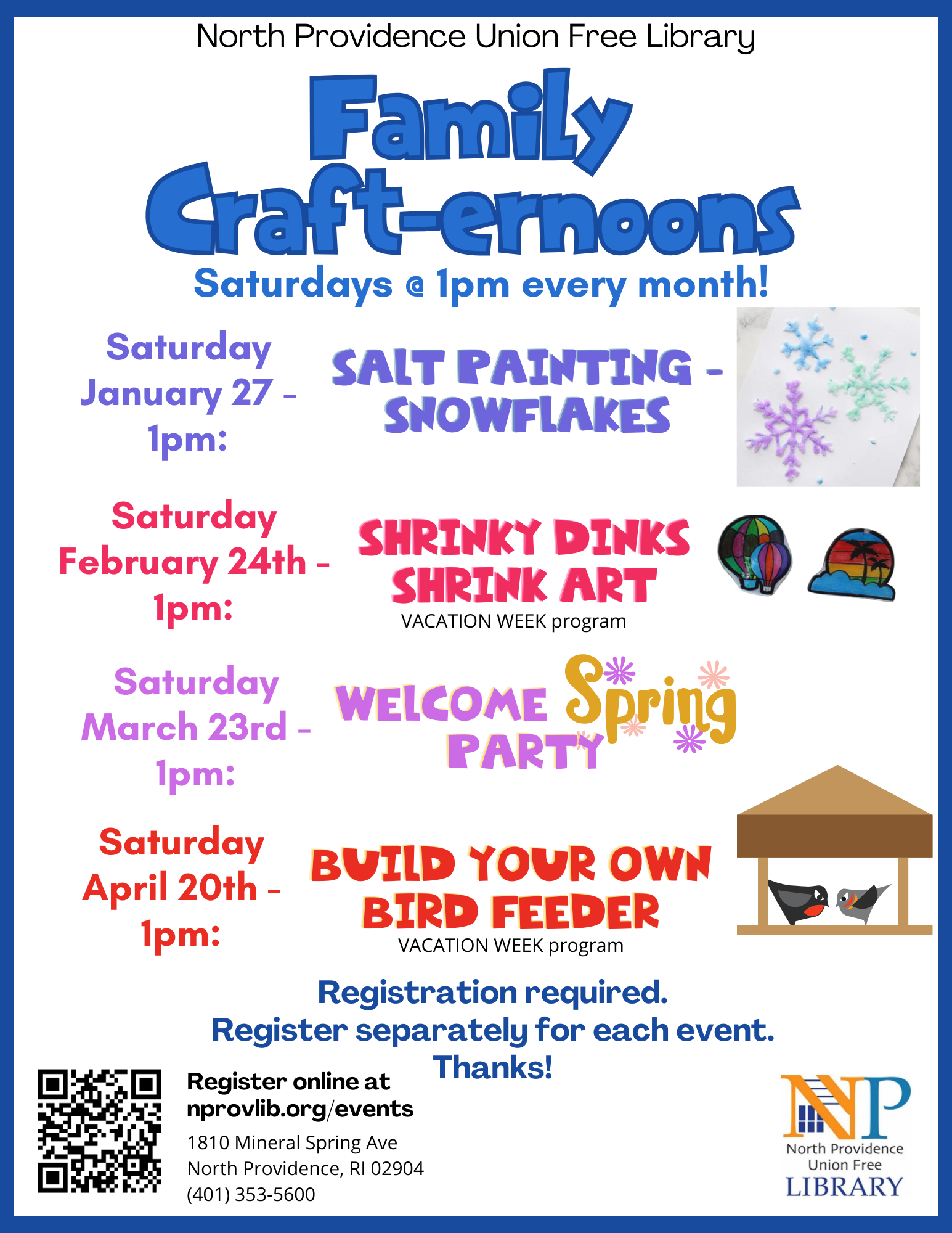 Flyer describing saturday afternoon programs-snowflake painting, shrinky dinks, welcome spring party and build your own bird feeder.