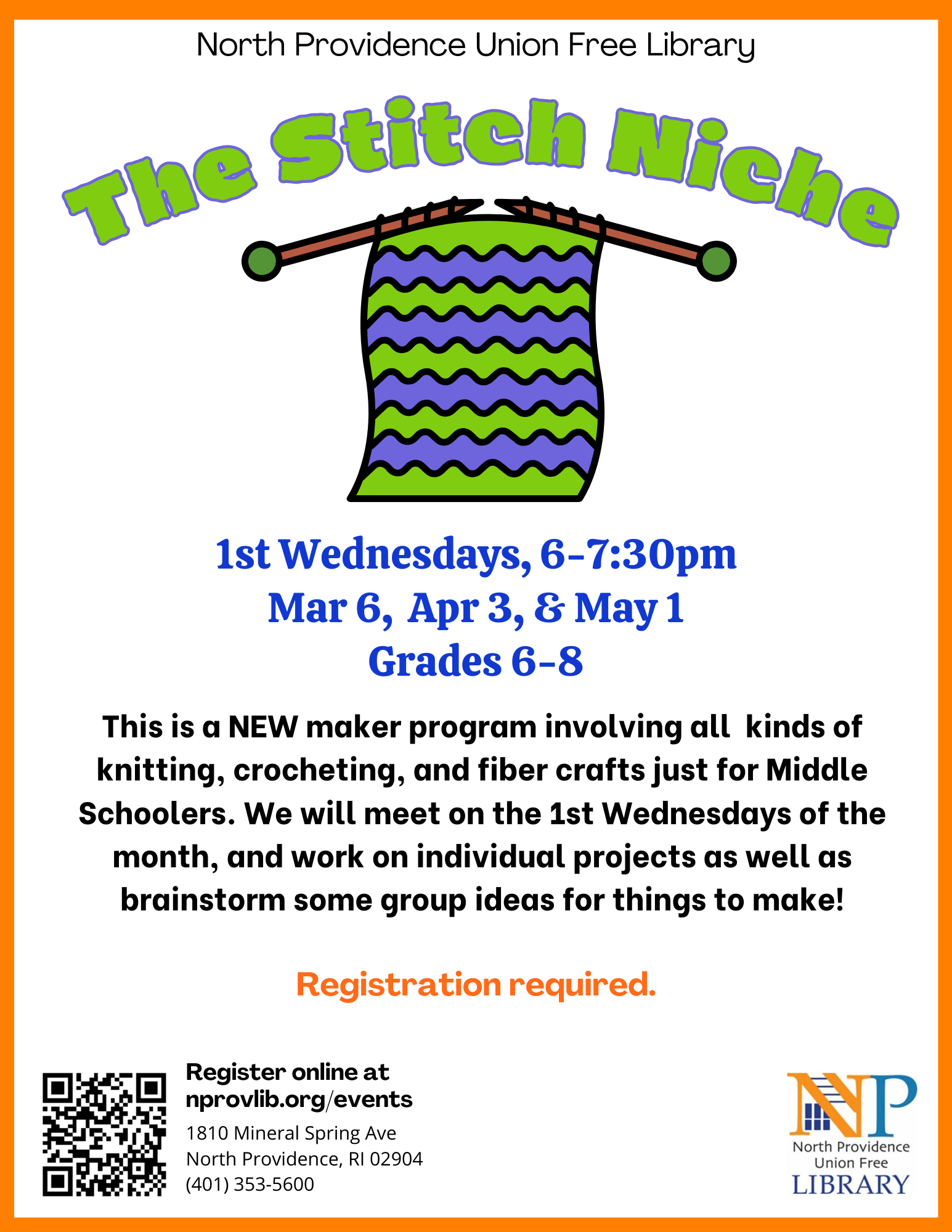 Flyer showing dates for the Middle School Stitch Niche program.
