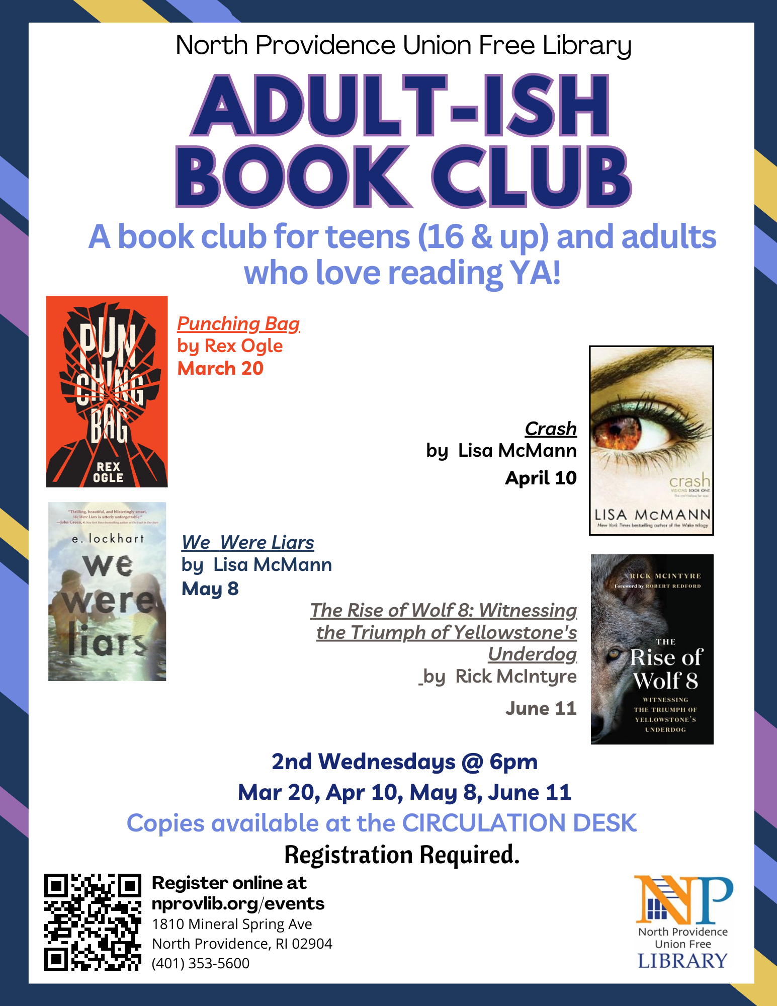 Flyer showing upcoming dates for Adultish Book Club.