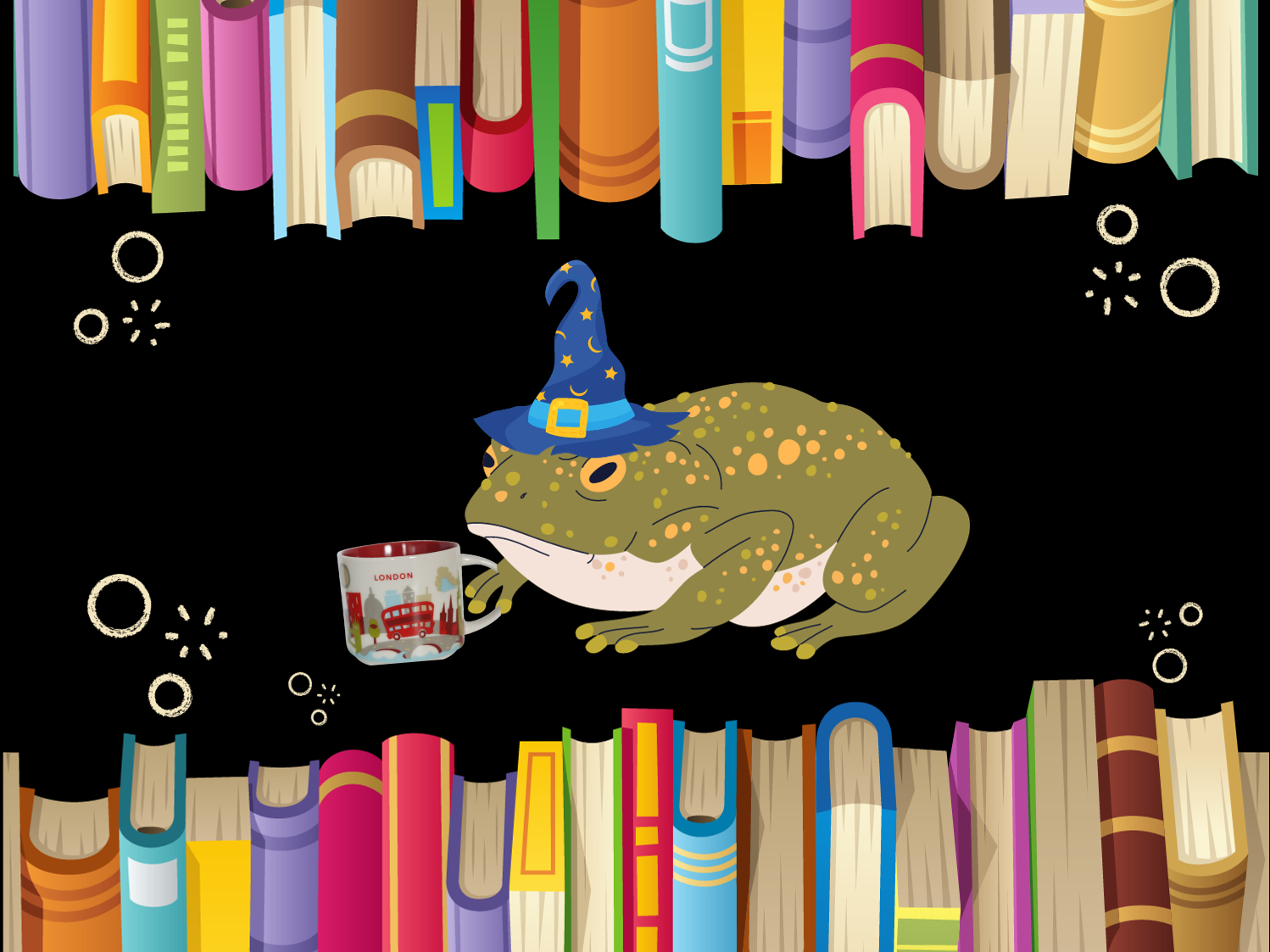 Picture of a toad wearing a wizard hat, drinking tea, surrounded by books.